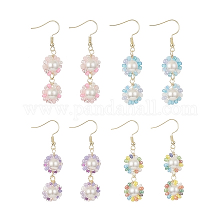 Orecchini pendenti con semi di vetro e perle di conchiglia e fiori con perline EJEW-JE05275-1