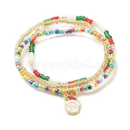 3 pièces 3 bracelets extensibles en graines de verre de style sertis d'alliage père noël pour les femmes BJEW-JB08204-1