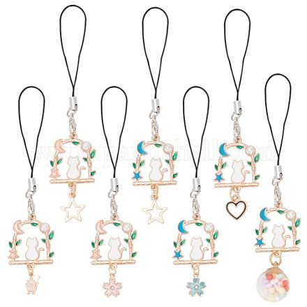DELORIGIN 14Pcs 7 Style Alloy Enamel Arch with Cat Phone Charm Mobile Straps HJEW-DR0001-02-1