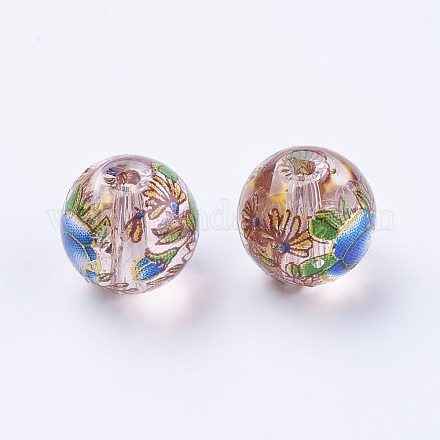 Flower Picture Printed Glass Beads GLAA-E399-10mm-F06-1