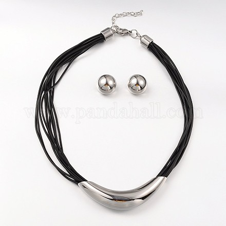 304 Stainless Steel Necklaces and Domed Ear Studs Jewelry Sets SJEW-L377-07P-1