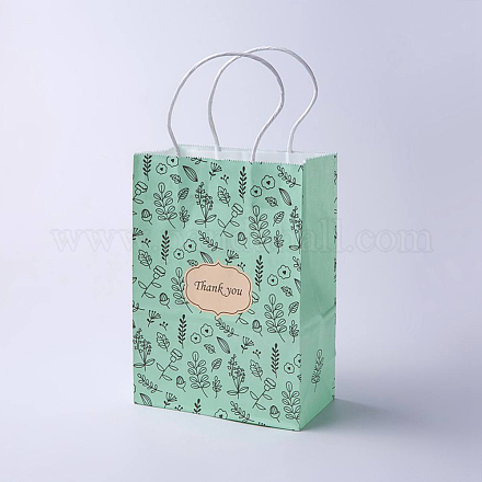 クラフト紙袋  ハンドル付き  ギフトバッグ  ショッピングバッグ  長方形  花柄  グリーン  27x21x10cm CARB-E002-M-S03-1