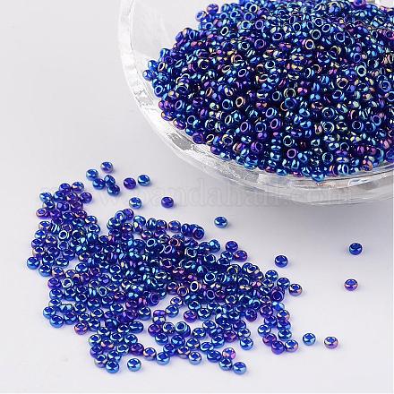 12/0グレードの丸いガラスシードビーズ  透明色の虹  藤紫色  2x1.5mm  穴：0.9mm  約3300個/50g X-SEED-Q010-F544-1