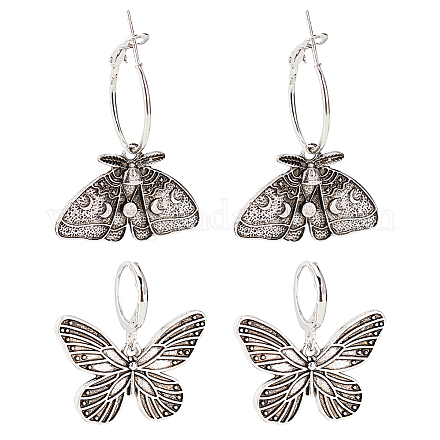 ANATTASOUL 2 Pairs 2 Style Moth & Butterfly Zinc Alloy Dangle Hoop & Leverback Earrings EJEW-AN0002-64-1