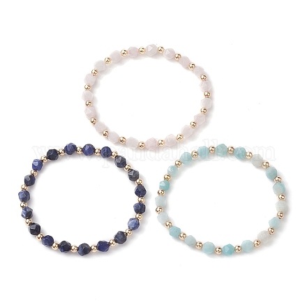 Круглые граненые браслеты из натуральных смешанных драгоценных камней и латуни диаметром 6 мм BJEW-JB10601-1