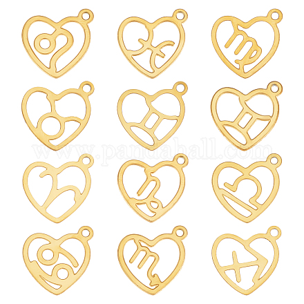 SUNNYCLUE 1 Box 24Pcs 12 Style Real 18K Gold Plated Constellation Charms Bulk Zodiac Charm Zodiac Sign Heart Lucky Amulet Laser Cut Charm for Jewelry Making Charms DIY Bracelet Necklace Earring Craft STAS-SC0004-87G-1