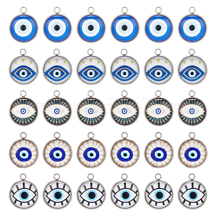 Dicosmetico 30 pz fascino dell'occhio di vetro luminoso fascino dell'occhio diabolico blu fascino piatto rotondo turco fascino di protezione amuleto portafortuna in acciaio inox occhio di hamsa fascino per gioielli fai da te creazione artigianale FIND-DC0001-80-1
