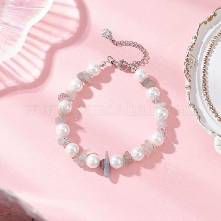 Браслеты из круглых бусин с натуральным лабрадоритом и стеклянными ракушками BJEW-JB12317-03-1