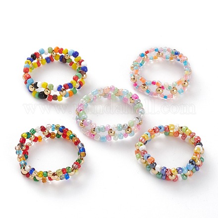Round Mixed Style Glass Seed Beaded Finger Rings RJEW-JR00318-1