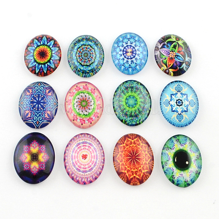 Kaleidoscope Flower Pattern Glass Oval Flatback Cabochons for DIY Projects GGLA-R022-40x30-94-1