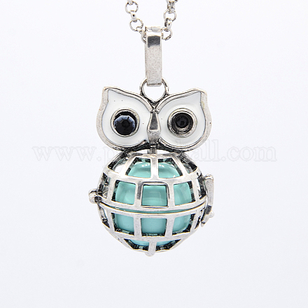 Brass Owl Chime Ball Cage Pendant Necklaces X-NJEW-F053-24AS-01-1