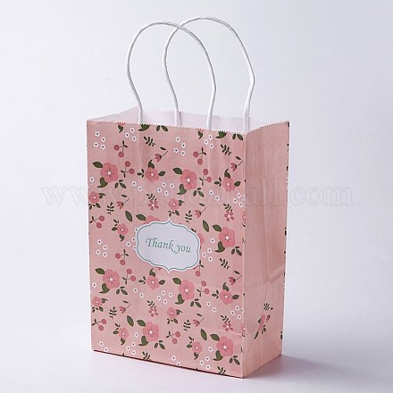 クラフト紙袋  ハンドル付き  ギフトバッグ  ショッピングバッグ  長方形  花柄  ピンク  33x26x12cm CARB-E002-L-S01-1