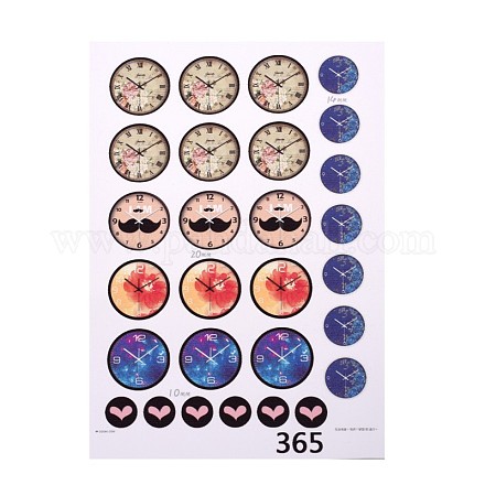DIY Scrapbooking Bottle Caps Clock Pattern Design Non-Adhesive Paper Stickers Collage Sheets for Clear Flat Round Glass Tile Cabochon Pendants AJEW-L024-03-1