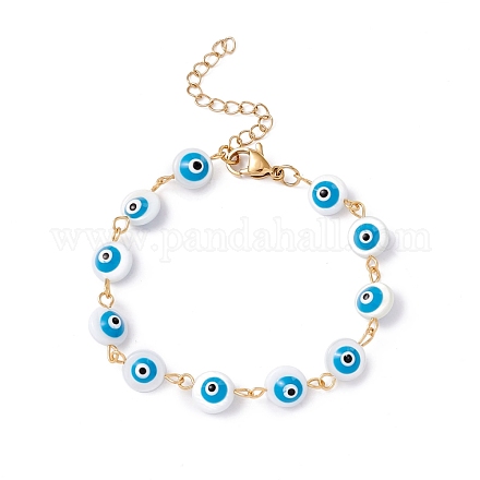 Natural Shell Evil Eye Link Chain Bracelet with Enamel BJEW-C015-19G-1