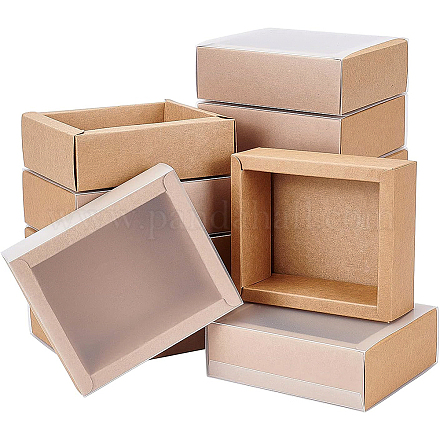 BENECREAT 12 Pack Kraft Paper Gift Boxes with PVC Frosted Cover 10.5x8.5x4cm Kraft Paper Drawer Box for Cake Cookie Candy Soap Snacks Weeding Party Favors CON-WH0068-65E-1