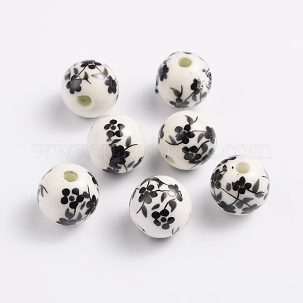 12 mm rond noir à la main de perles de porcelaine imprimé X-PORC-Q201-12mm-5-1