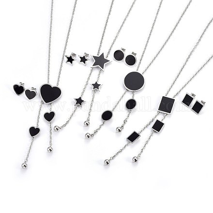304 orecchini a bottone in acciaio inossidabile e set di gioielli con collane lariat SJEW-L136-09-P-1