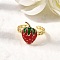 Brass Enamel Open Cuff Rings, Rack Plating, Long-Lasting Plated, Lead Free & Cadmium Free, Real 18K Gold Plated, Strawberry, 15mm, Inner Diameter: Adjustable