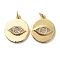 Brass Micro Pave Clear Cubic Zirconia Pendants, with Jump Rings, Flat Round with Evil Eye, Golden, 17x15x2mm, Hole: 3mm
