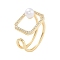 Rack Plating Rectangle Brass Micro Pave Cubic Zirconia Open Cuff Rings for Women, with ABS Imitation Pearl, Cadmium Free & Lead Free, Long-Lasting Plated, Real 18K Gold Plated, Inner Diameter: 18mm