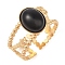 Oval Natural Dyed & Heated Black Agate Finger Rings, Ion Plating(IP) 304 Stainless Steel Cuff Rings for Women, Soldered, Real 14K Gold Plated, Oval: 11.5x9.5mm, Adjustable