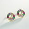 Brass Colorful Cubic Zirconia Stud Earrings, Flat Round, Golden, Letter J, 16x16mm