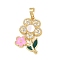 Brass Micro Pave Cubic Zirconia Pendants, Flower, with Enamel and Shell, Real 18K Gold Plated, 23.5x16.5x3mm, Hole: 6x3.5mm
