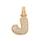 Brass Micro Pave Clear Cubic Zirconia Pendants, Real 18K Gold Plated, Letter J, 31x18x5mm, Hole: 3x6mm