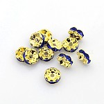 Perles séparateurs en laiton avec strass, Grade a, rondelle, doré et sans nickel, saphir, environ 8 mm de diamètre, épaisseur de 3.8mm, Trou: 1.5mm