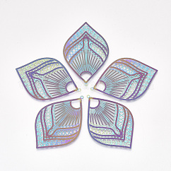 Colgantes grandes de filigrana de acero inoxidable 304 con revestimiento iónico (IP), adornos de metal grabados, hoja, color del arco iris, 56x37x0.2mm, agujero: 1.5 mm
