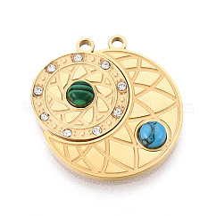 Pendentifs en acier inoxydable 304, strass et turquoise synthétique, breloques plates rondes et lunaires, placage ionique (ip), véritable 18k plaqué or, 24x22.5x3.5mm, Trou: 1.6mm