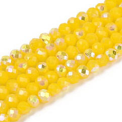 Hilos de cuentas redondas de vidrio opaco chapadas en color AB, facetados, oro, 4.5x3.5mm, agujero: 0.7~1 mm, aproximamente 108~116 pcs / cadena, 14.76~16.73'' (37.5~42.5 cm)