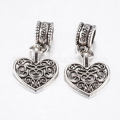 Tibetische Legierung europäische baumelnde Charms, Große lochanhänger, hohle Herz, Antik Silber Farbe, 28 mm, Anhänger: 16.5x15x1.5 mm, Bohrung: 4.5 mm