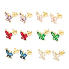 Orecchino a bottone in ottone con micro pavé di zirconi, vero placcato oro 18k, farfalla, colore misto, 8x9.5mm, ago :1mm
