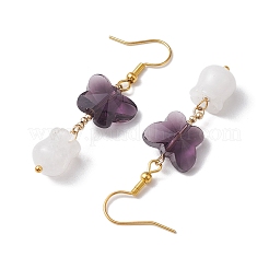 Pendientes colgantes de mariposa de vidrio transparente con jade blanco natural.&nbsp;EJEW-JE05804-01