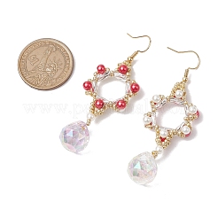 ガラスダングルピアス  アクリル模造真珠ビーズと304ステンレススチールのイヤリングワイヤー付き  花  レッド  71x23mm&nbsp;EJEW-MZ00255-02