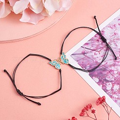 2 個真鍮エナメルバタフライリンクブレスレットセット  女性のための調節可能なBFFブレスレット.  ゴールドカラー  シアン  4-3/4~9インチ（12~23cm）&nbsp;JB730B