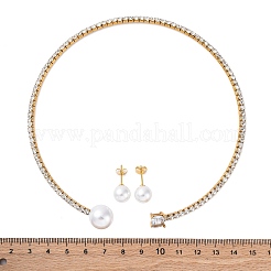 Круглые пластиковые серьги-гвоздики с имитацией жемчуга и квадратные ожерелья-чокеры с кубическими цирконами и стразами SJEW-U003-02G