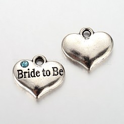 結婚式のパーティーの供給アンティーク銀合金ラインストーンのハート刻まれた単語フラワーガールの結婚式の家族チャーム  アクアマリン  13.5x16x3mm  穴：2.5mm  約10個/セット&nbsp;ALRI-X0003-02