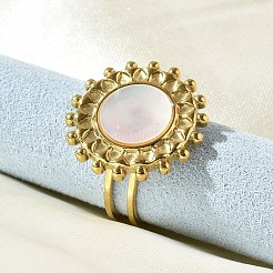 Плоские круглые кольца из нержавеющей стали 304 с белыми ракушками для женщин RJEW-G346-08G-02