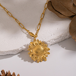 Женские ожерелья с подвеской-скрепкой в виде подсолнуха из нержавеющей стали 304&nbsp;FG6952