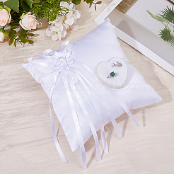 蝶結びのついた正方形のポリエステル製結婚指輪ディスプレイ枕  ホワイト  180x180x90mm&nbsp;DIY-WH0899-722