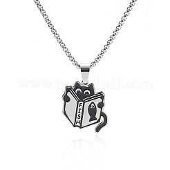 Colliers pendentifs en acier inoxydable émaillé en forme de chat noir avec livre&nbsp;FS-WG449EB-02