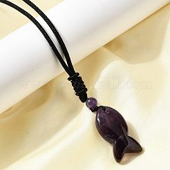 天然アメジストの魚のペンダント、黒ナイロンコードネックレス  28.35インチ（72cm）&nbsp;NJEW-G185-01C