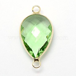 ゴールデントーン真鍮ガラスティアドロップリンクコネクター  淡緑色  21x11x5mm  穴：2mm&nbsp;GLAA-J010A-HF12-G