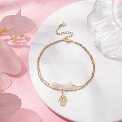 Двухслойный многожильный браслет с подвесками на руку из бисера и хамсы из натурального розового кварца AJEW-AN00511-03