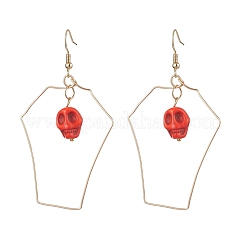 Женские серьги с подвесками из синтетической окрашенной бирюзы и медной проволоки в стиле Хэллоуина с черепом EJEW-JE05884