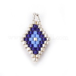 MIYUKI＆TOHO手作り日本のシードビーズペンダント  織機模様  菱形  ダークブルー  19~20x11.5~12x1.7mm  穴：1.8mm&nbsp;SEED-A027-NA04