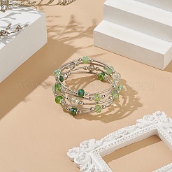 ガラスビーズ2ループラップブレスレット  女性用真鍮ビーズブレスレット  シーグリーン  内径：5インチ（{2}cm）&nbsp;BJEW-JB09056-03