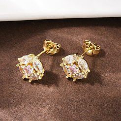 Латунные плоские круглые серьги-гвоздики с микропаве из прозрачных кубических цирконий EJEW-L101-01G